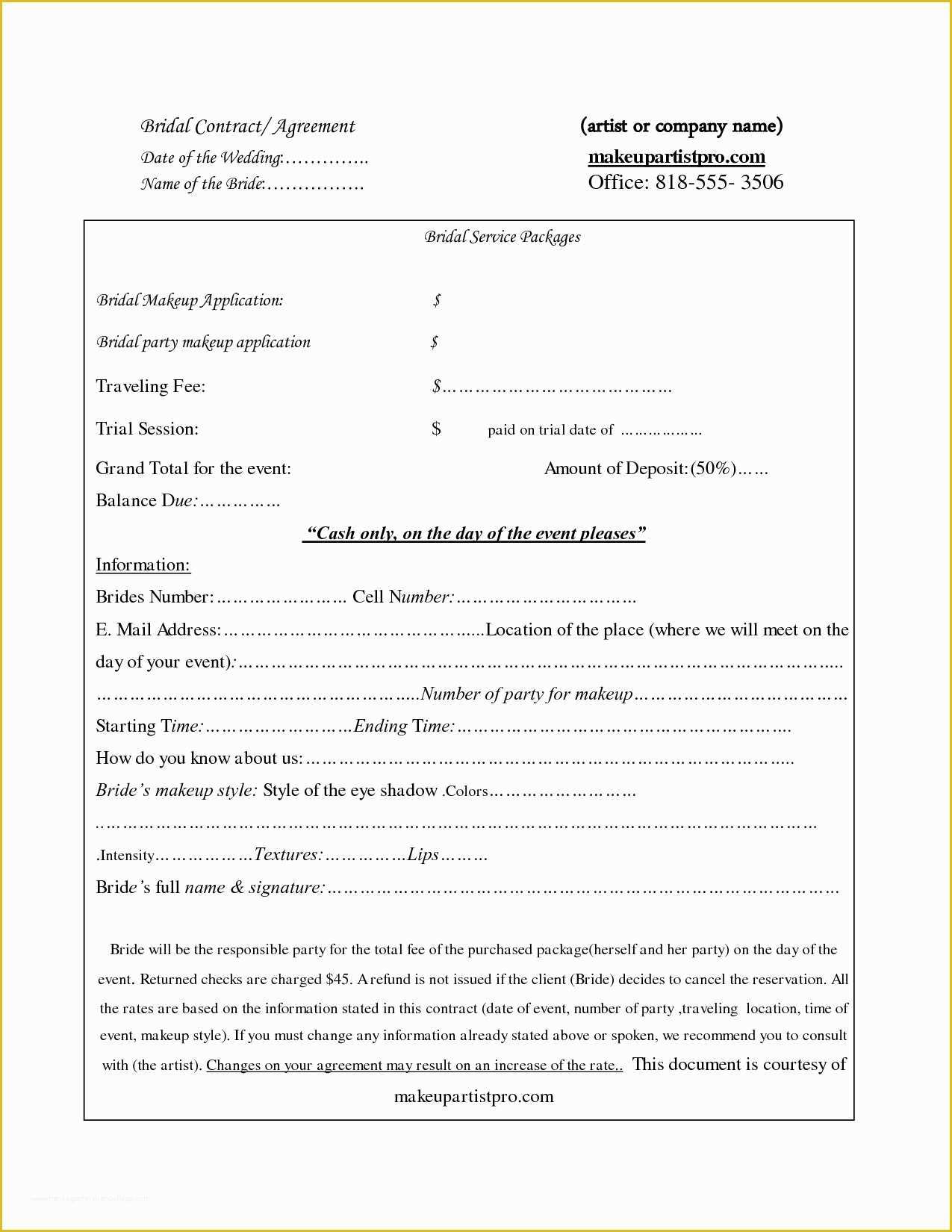 Makeup Artist Contract Template Free Of 28 Of Bridal Makeup Contract Template