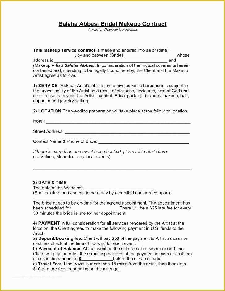 Makeup Artist Contract Template Free Of Bridal Makeup Contract Template Bridal