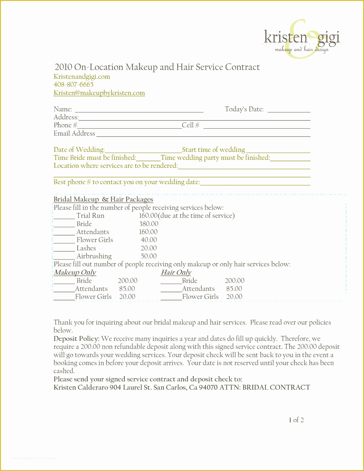 Makeup Artist Contract Template Free Of Bridalhaircotract