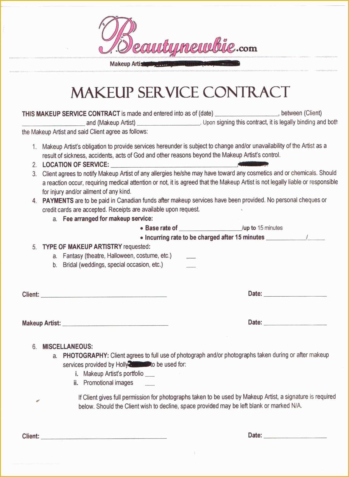 Makeup Artist Contract Template Free Of Freelance Makeup Artist Contract Template