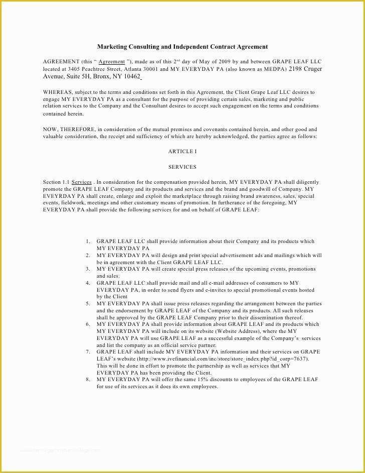 Marketing Services Agreement Template Free Of Marketing Consulting and Independent Contract Agreement