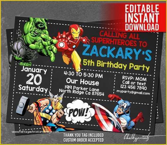 Marvel Party Invitation Template Free Of Avengers Invitation Instant Download Avengers Invitations
