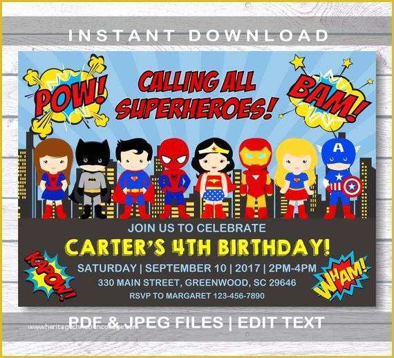 Marvel Party Invitation Template Free Of Superhero Invitation Superhero Birthday Invitation Instant
