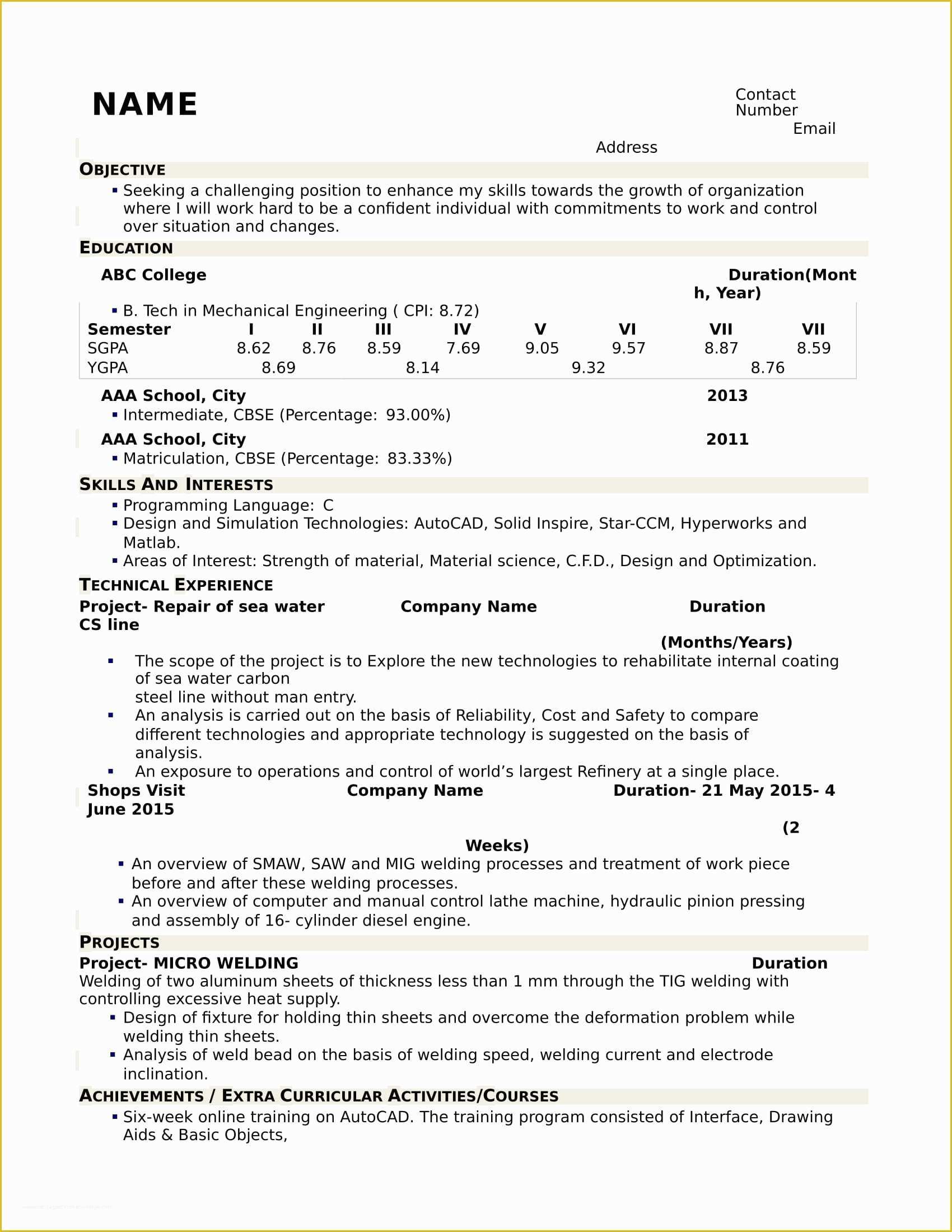 Mechanical Engineer Resume Template Free Download Of Resume Templates for Mechanical Engineer Freshers