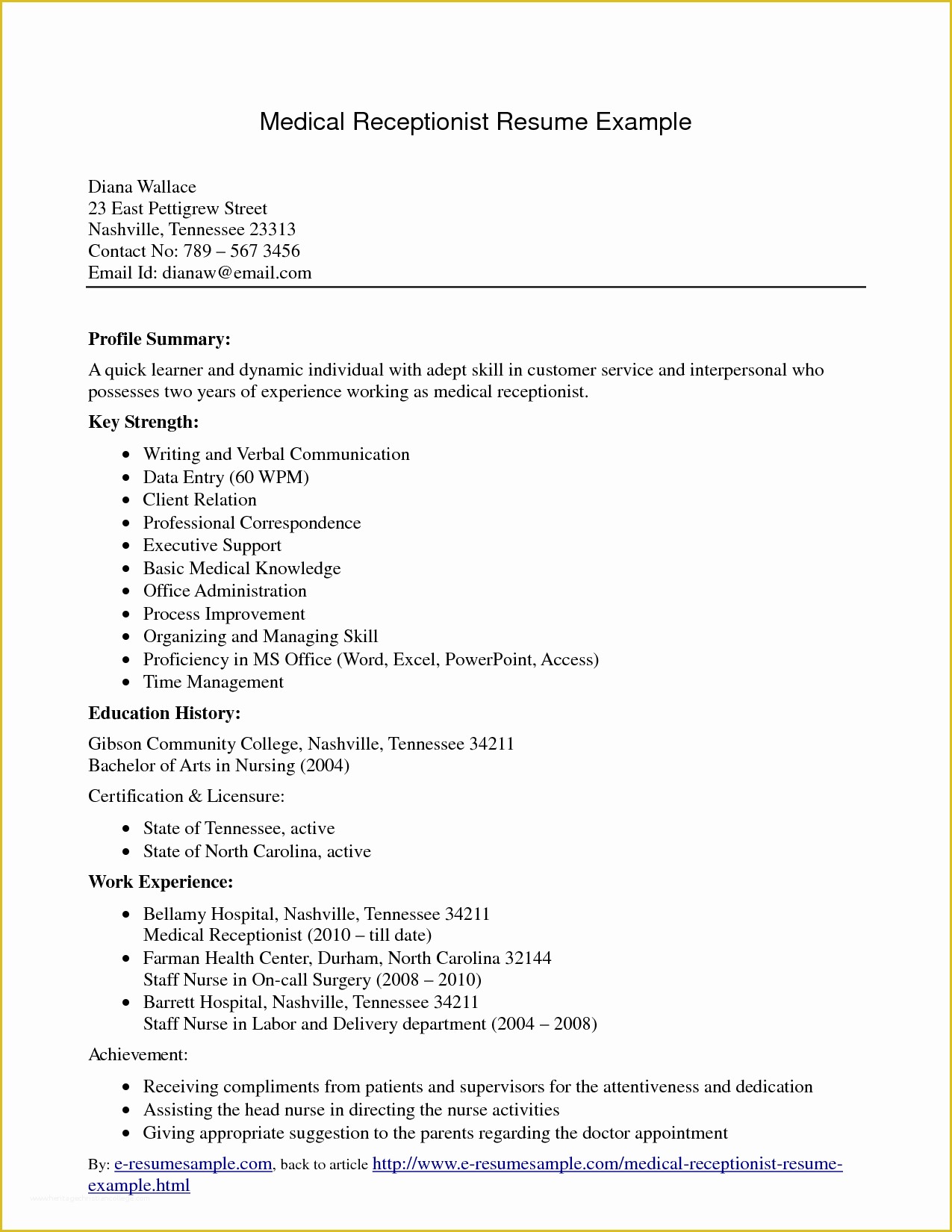Medical Resume Template Free Of Free Medical Receptionist Resume