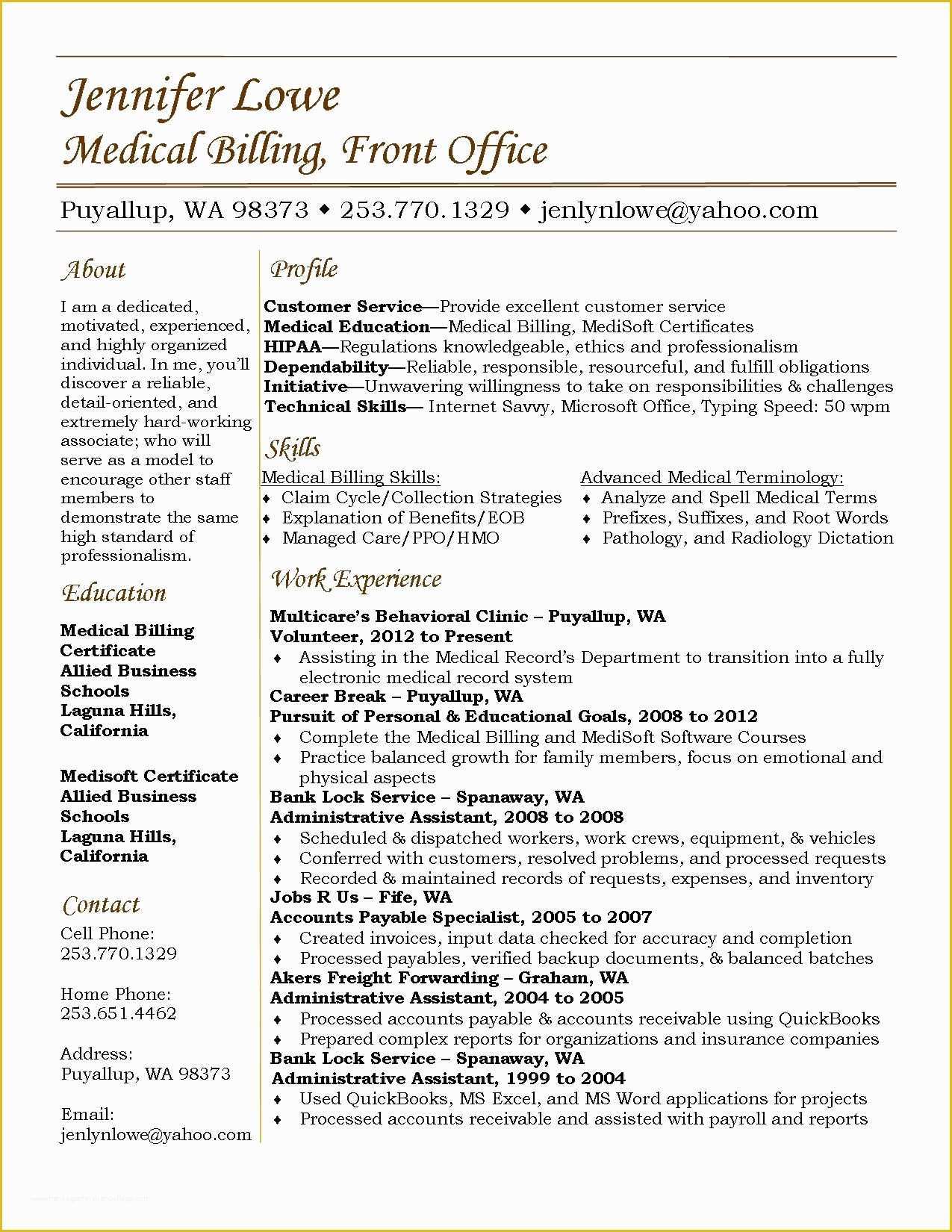 Medical Resume Template Free Of Jennifer Lowe Resume Medical Billing Resume Career
