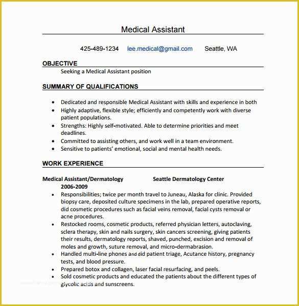 Medical Resume Template Free Of Medical assistant Resume Template – 8 Free Word Excel
