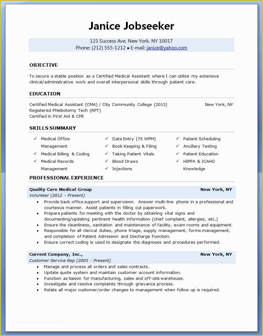 Medical Resume Template Free Of Sample Of A Medical assistant Resume 2016