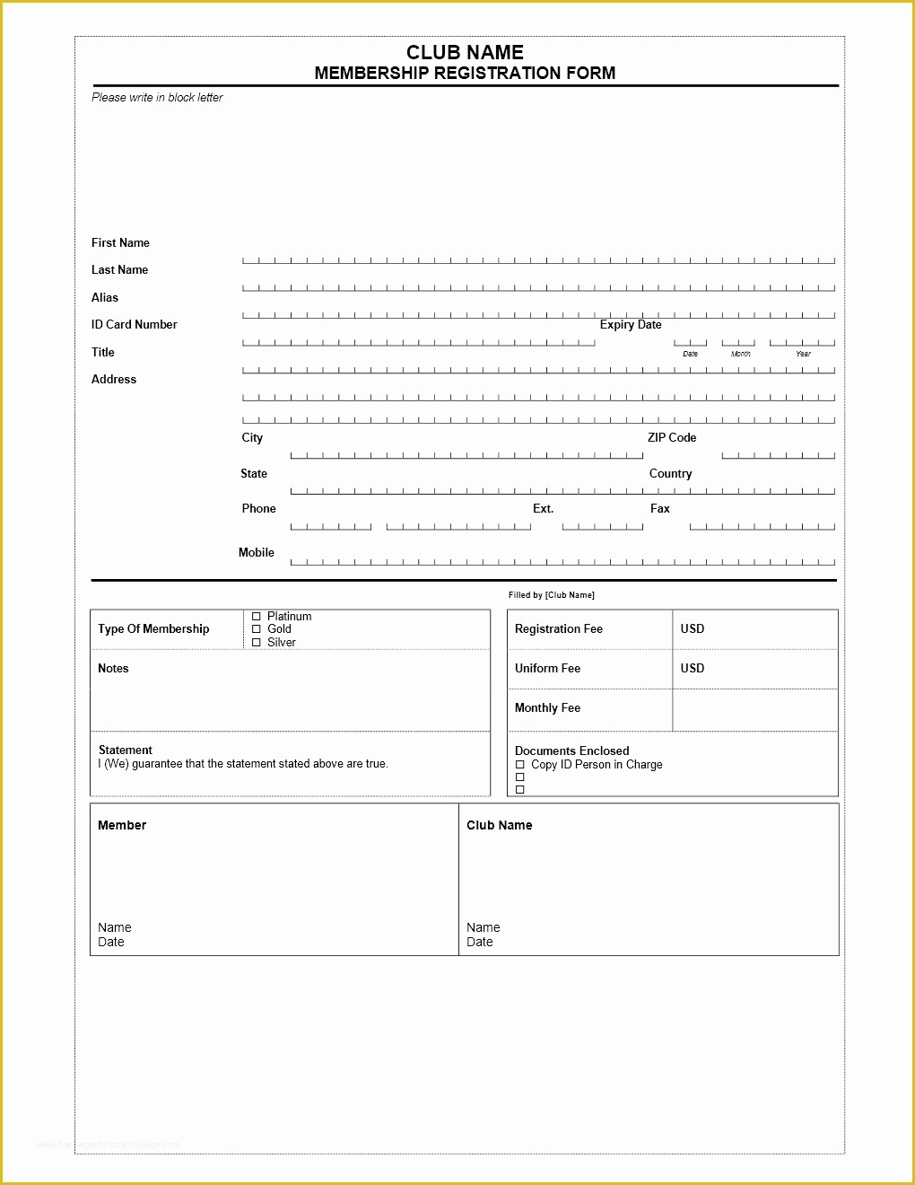 Membership Registration form Templates Free Of Club Membership Application form