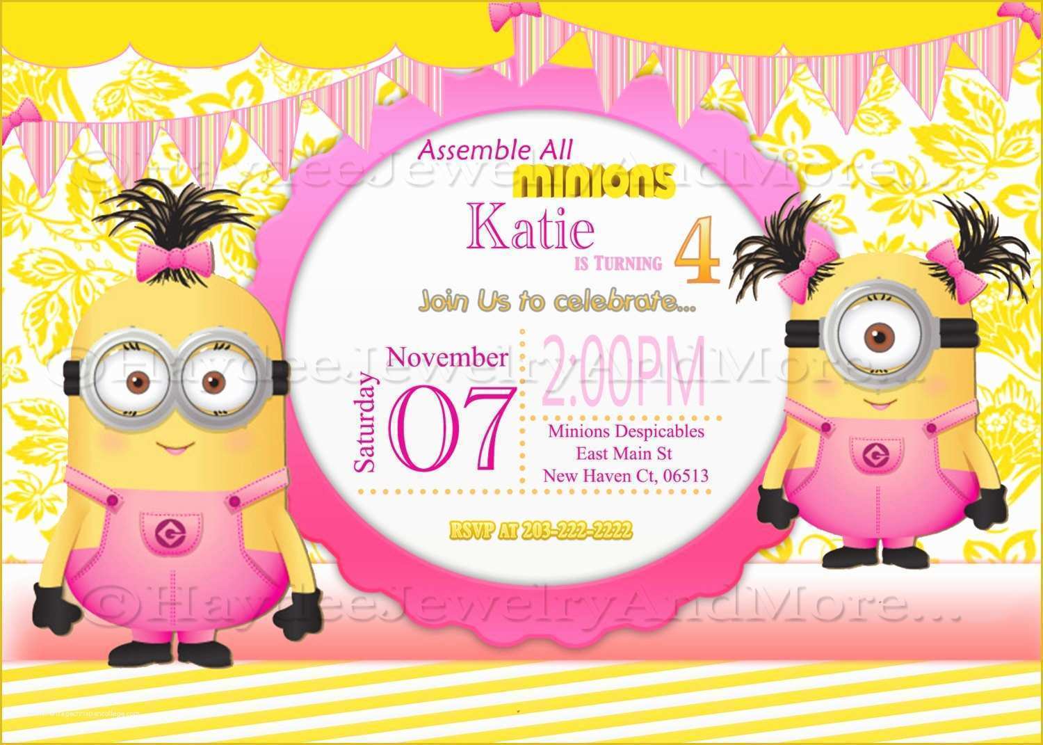 Minion Birthday Invitations Templates Free Of Minions Girls Birthday Card Invitation Minions theme Birthday