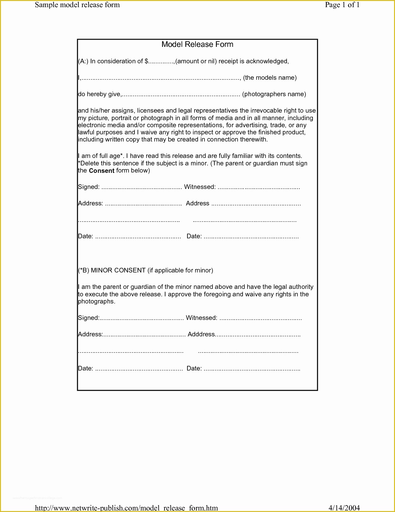 Model Release Template Free Of Model Release form Template