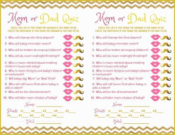 Mommy or Daddy Baby Shower Game Template Free Of Baby Shower Game Mom Dad Quiz Pink Gold