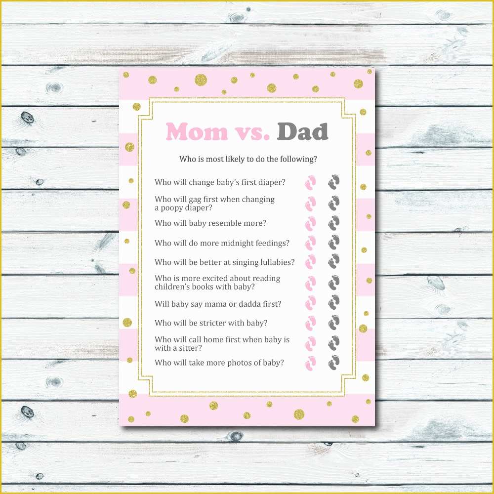 Mommy or Daddy Baby Shower Game Template Free Of Mom Vs Dad Quiz Baby Shower Printable Game Pink and Gold Baby