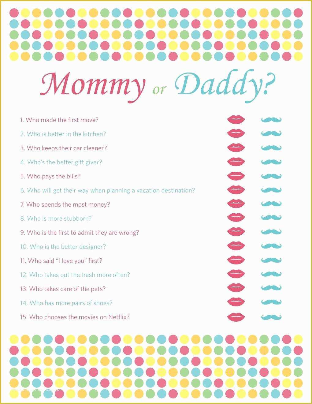 Mommy or Daddy Baby Shower Game Template Free Of Mommy or Daddy Baby Shower Games Card Templates