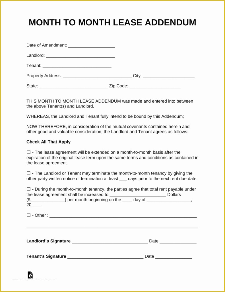 Month to Month Rental Agreement Template Free Of Free Month to Month Lease Addendum Template Pdf