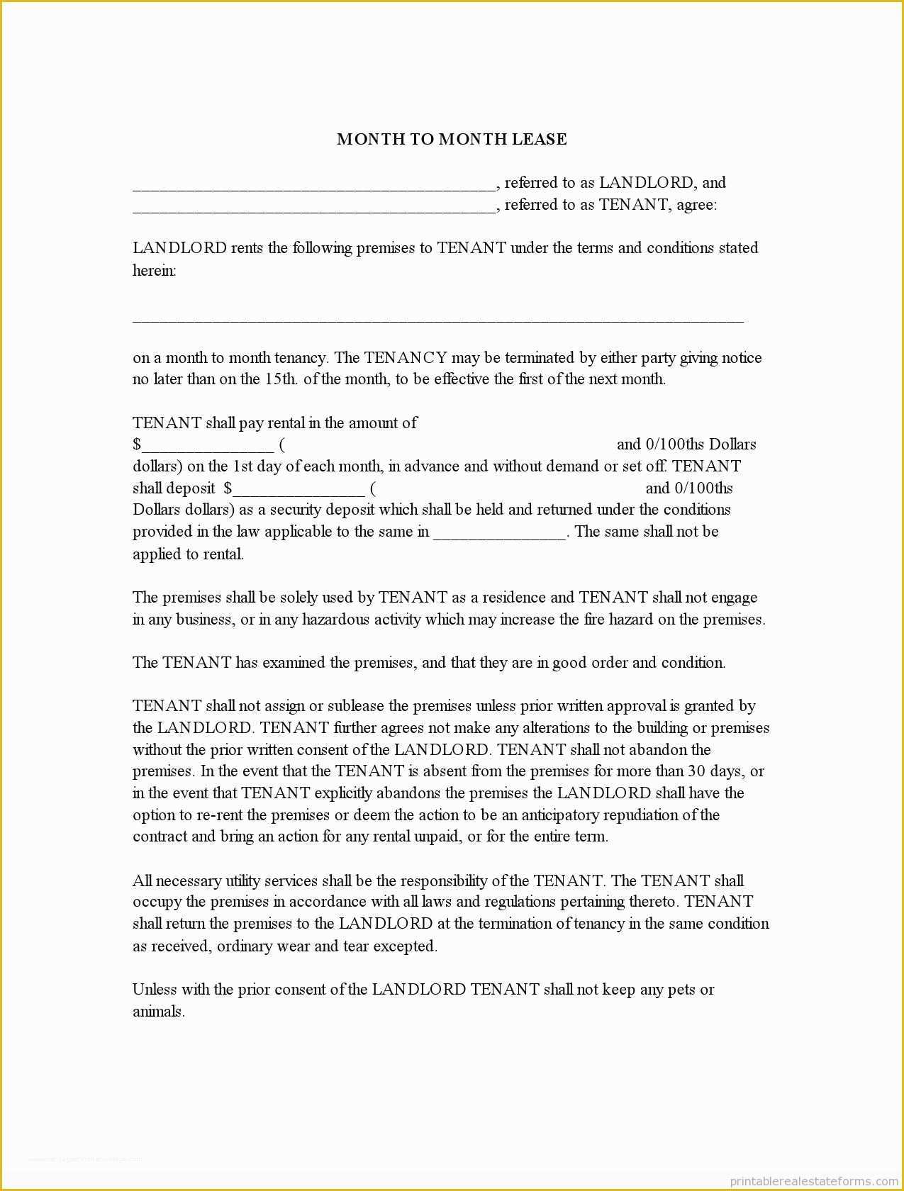 Month to Month Rental Agreement Template Free Of Month to Month Rental Agreement form Blank Template