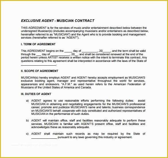 Musician Contract Template Free Of 10 Booking Agent Contract Templates to Download