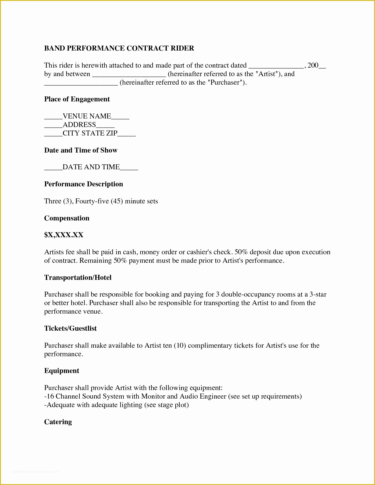 Musician Contract Template Free Of Music Performance Contract