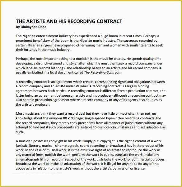 Musician Contract Template Free Of Recording Contract Template 11 Download Documents In