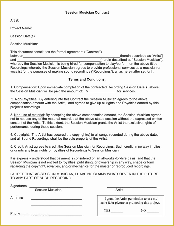 Musician Contract Template Free Of Session Musician Contract Sample In Word and Pdf formats
