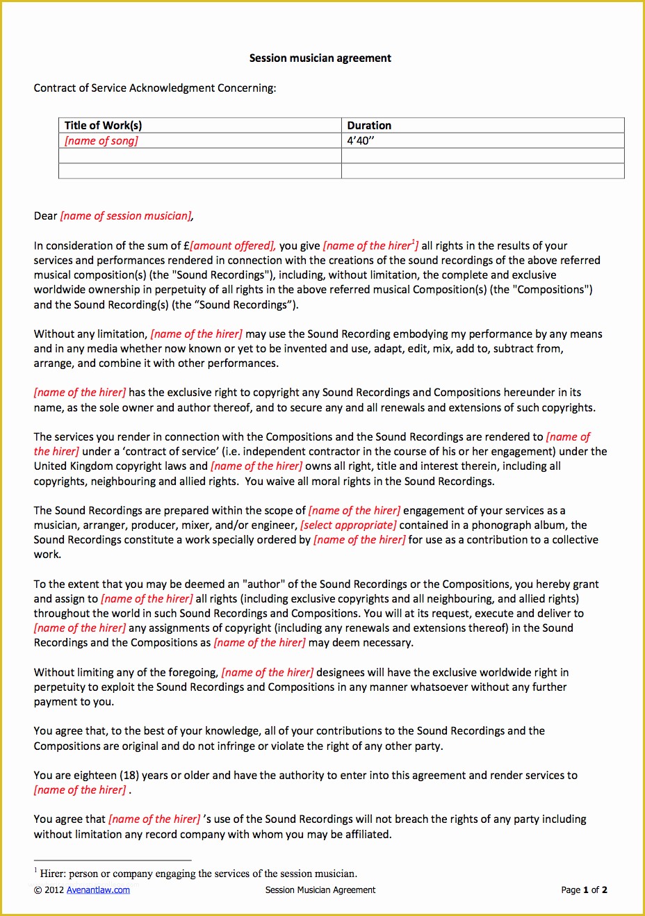 Musician Contract Template Free Of Session Musician Contract Template