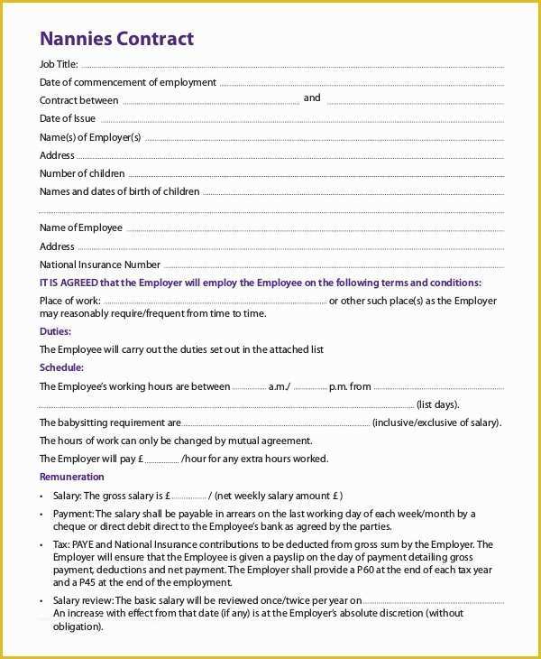 Nanny Contract Template Free Of 8 Nanny Contract Samples