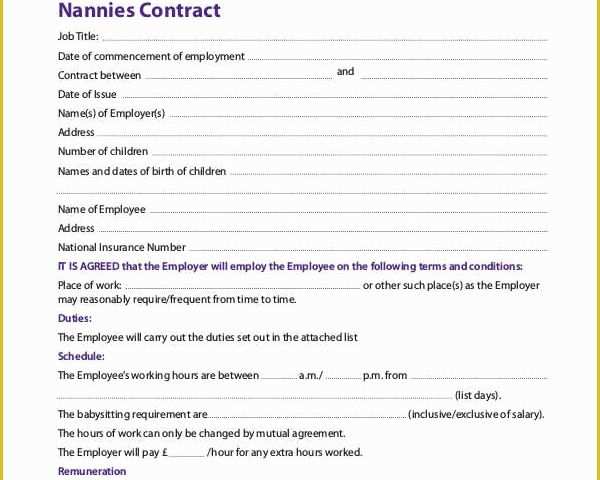 Nanny Contract Template Free Of 9 Nanny Contract Templates – Free Sample Example format