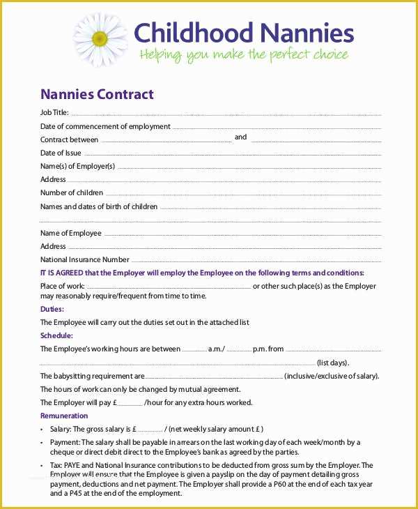 Nanny Contract Template Free Of 9 Nanny Contract Templates – Free Sample Example format