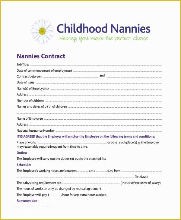 Nanny Contract Template Free Of 9 Sample Nanny Contract form Templates Docs Word