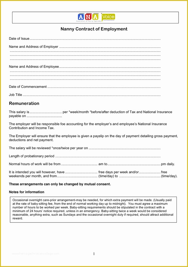 Nanny Contract Template Free Of Nanny Contract Of Employment In Word and Pdf formats