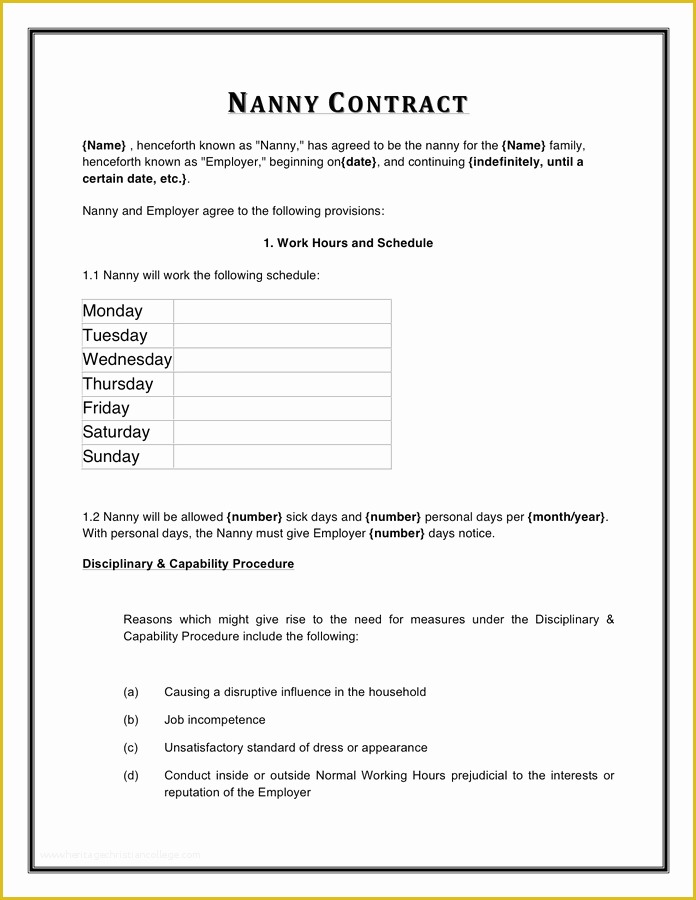 Nanny Contract Template Free Of Nanny Contract Template In Word and Pdf formats