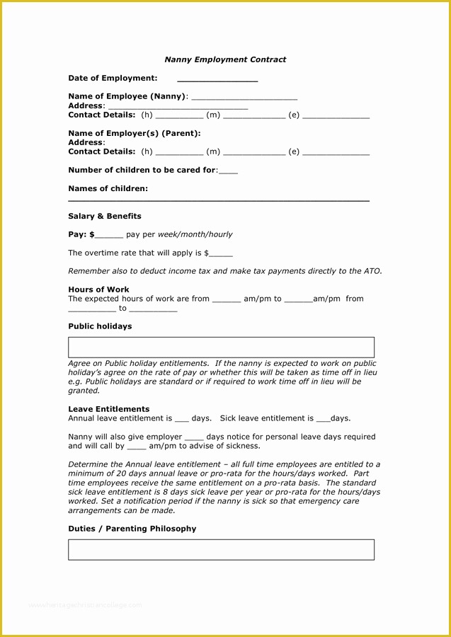 Nanny Contract Template Free Of Nanny Employment Contract In Word and Pdf formats