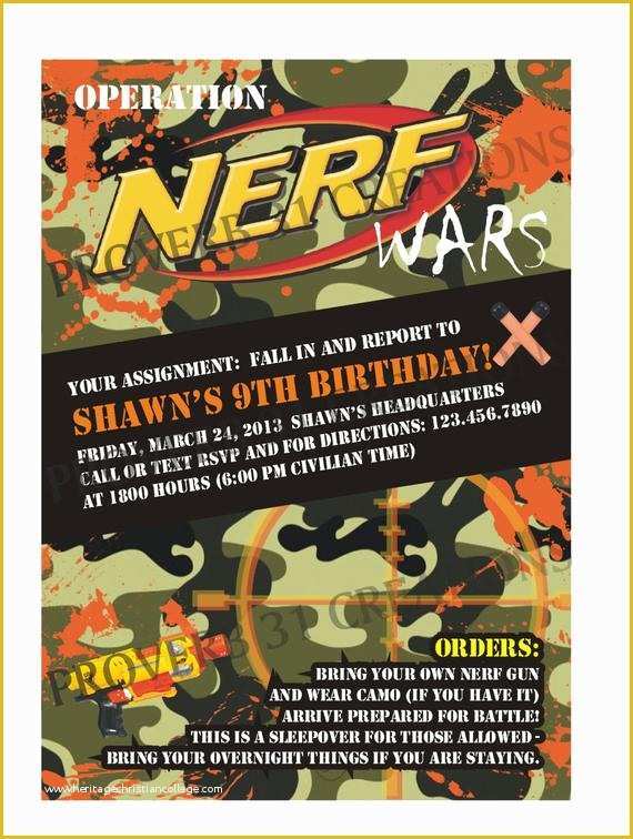 Nerf Invitation Template Free Of Camo Nerf Party Invite Diy Printable Party by