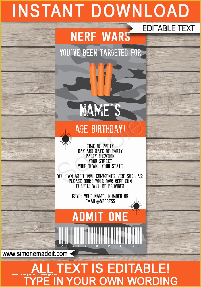 Nerf Invitation Template Free Of Nerf Wars Ticket Invitations