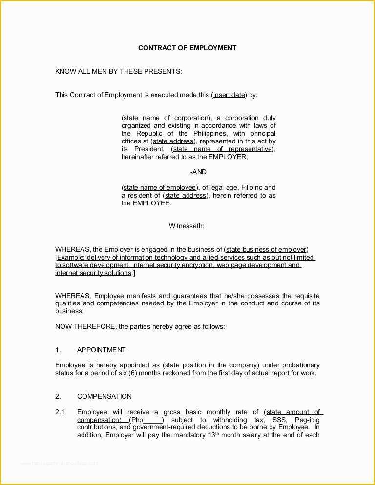 New Employee Contract Template Free Of Contract Of Employment Probationary Employee