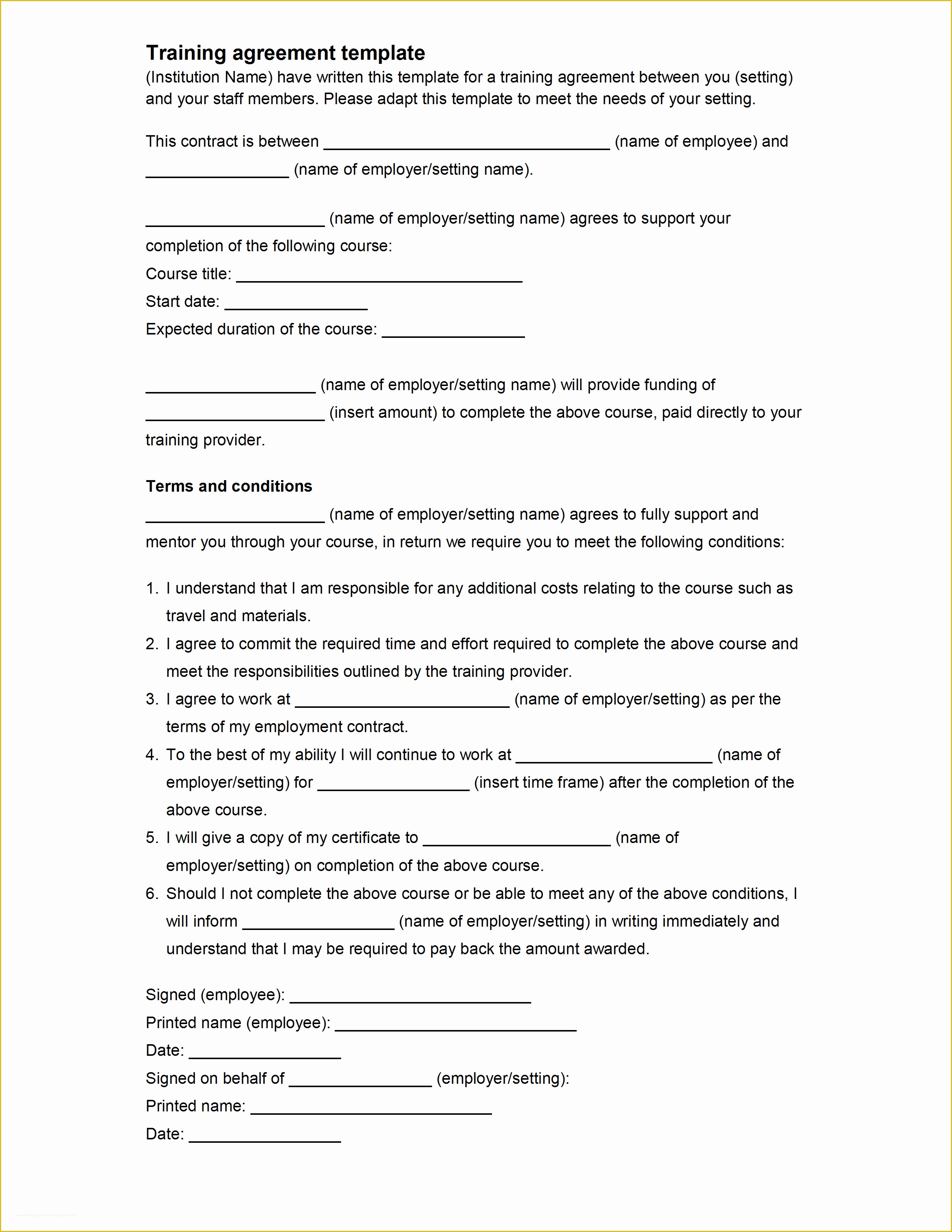New Employee Contract Template Free Of Employee Training Agreement Template