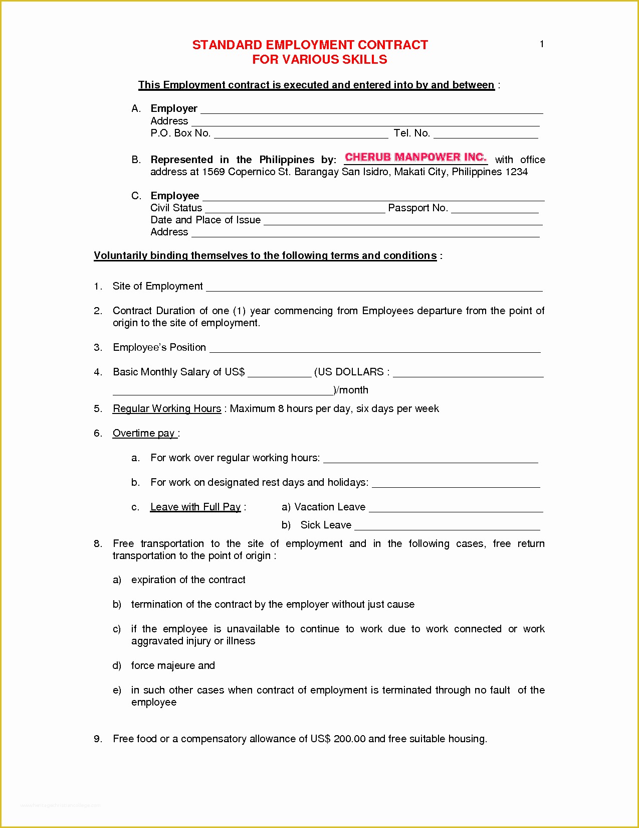 New Employee Contract Template Free Of Employment Contract Example Free Printable Documents