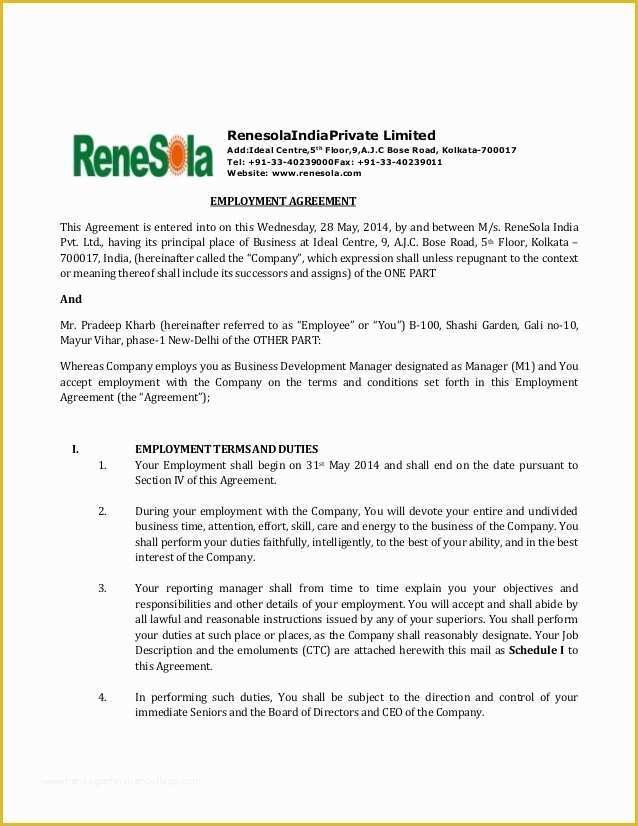 New Employee Contract Template Free Of Renesola India Employment Agreement
