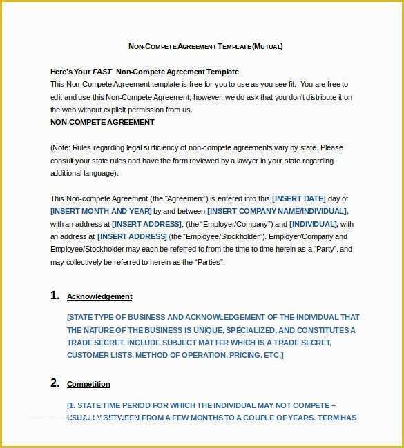 Non Compete Template Free Of 8 Non Pete Agreement Templates Doc Pdf