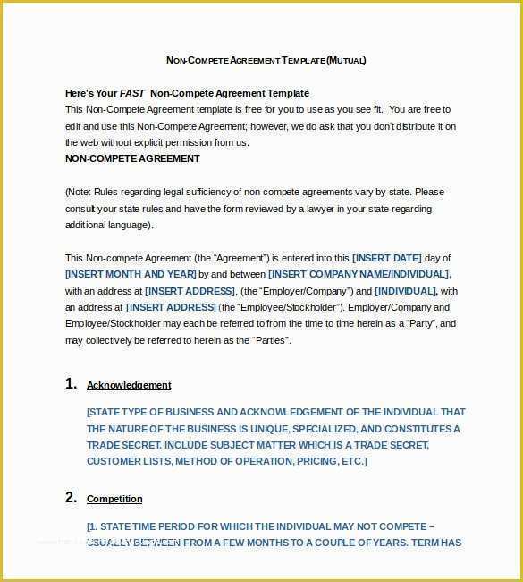 Non Compete Template Free Of 8 Non Pete Agreement Templates Doc Pdf