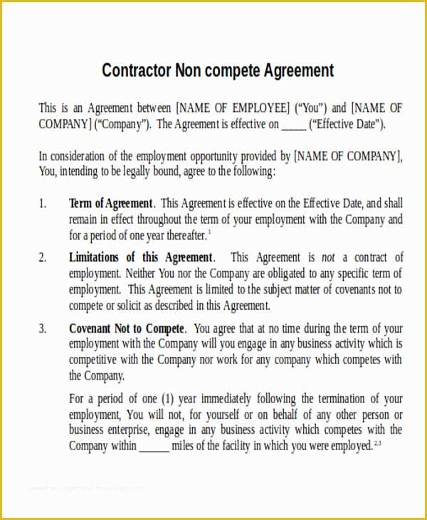 Non Compete Template Free Of 9 Contractor Agreement Samples – Pdf Doc