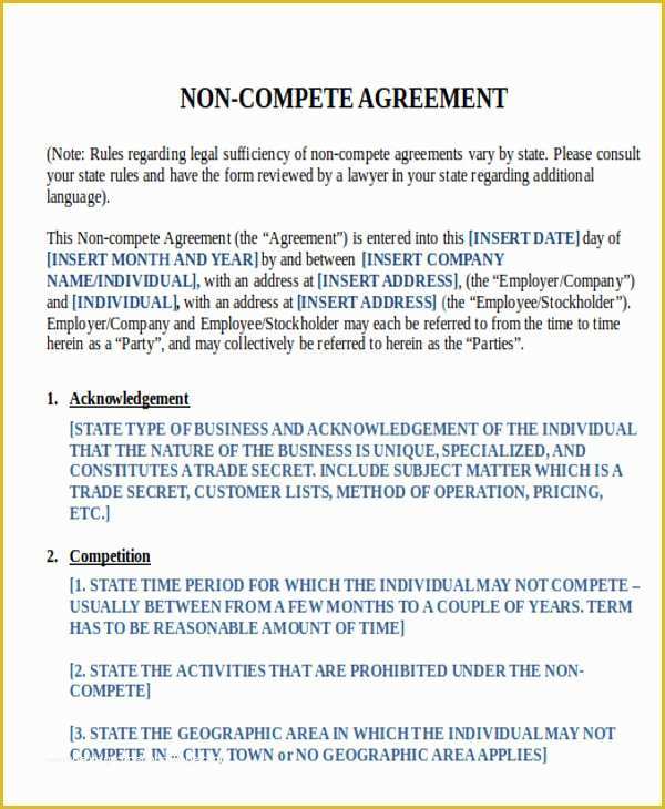 Non Compete Template Free Of 9 Sample Word Non Pete Agreements