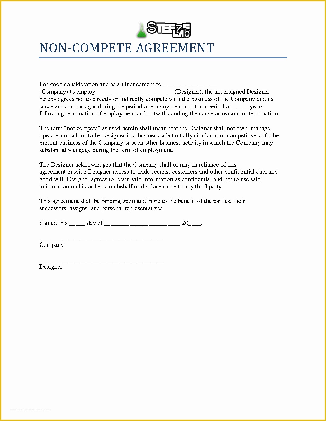 Non Compete Template Free Of Agreement Non Pete Agreement form
