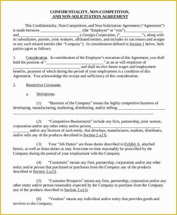 Non Compete Template Free Of Employee Non Pete Agreement – 10 Free Word Pdf