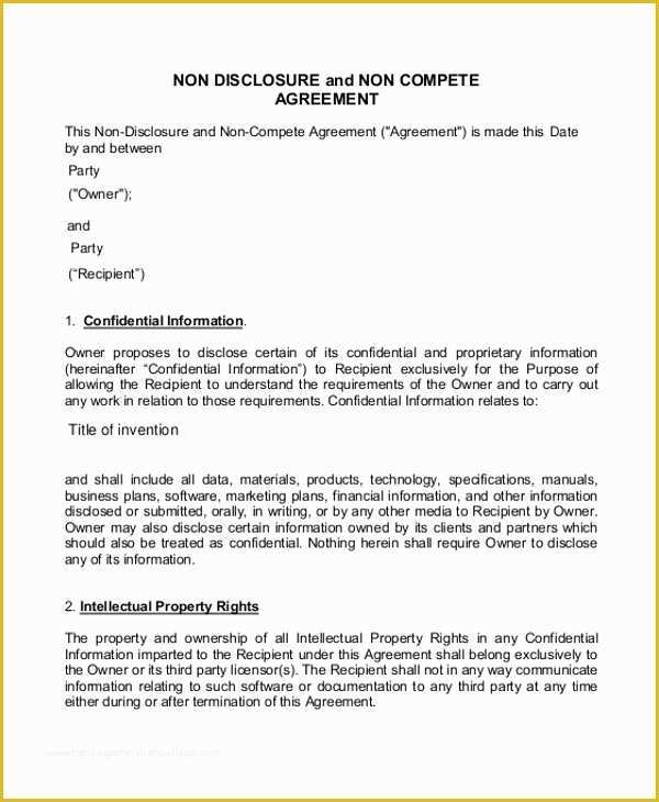 Non Compete Template Free Of Non Pete Agreement 11 Free Word Pdf Documents