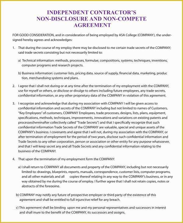 Non Compete Template Free Of Non Pete Agreement Template 12 Free Word Pdf format