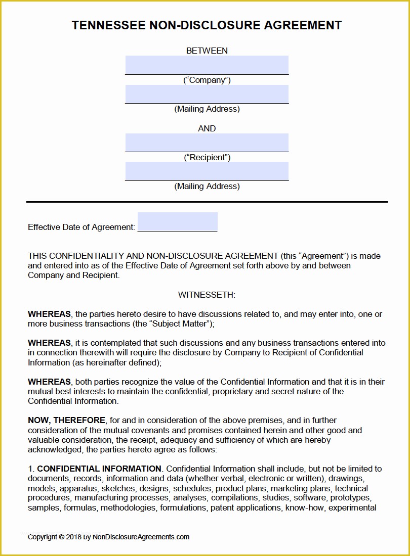 Non Disclosure Agreement Template Free Pdf Of Free Tennessee Non Disclosure Agreement Nda Template