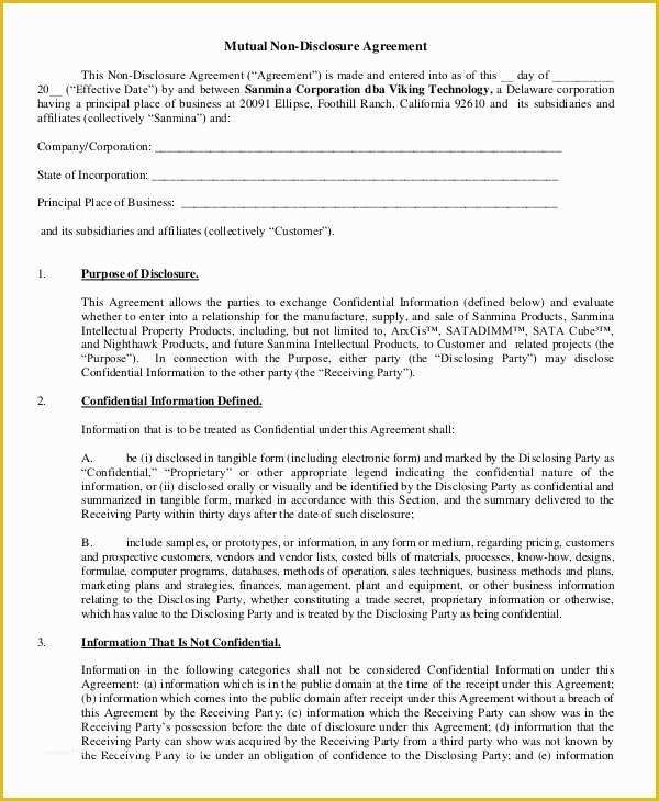 Non Disclosure Agreement Template Free Pdf Of Mutual Non Disclosure Agreement form – 10 Free Word Pdf