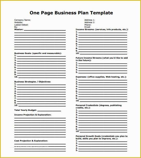 One Page Business Plan Template Free Of 10 E Page Business Plan Samples