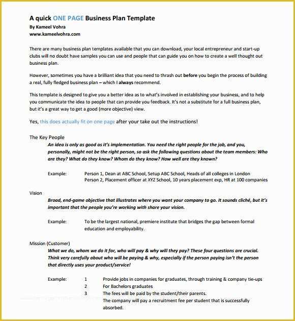 One Page Business Plan Template Free Of 10 E Page Business Plan Samples